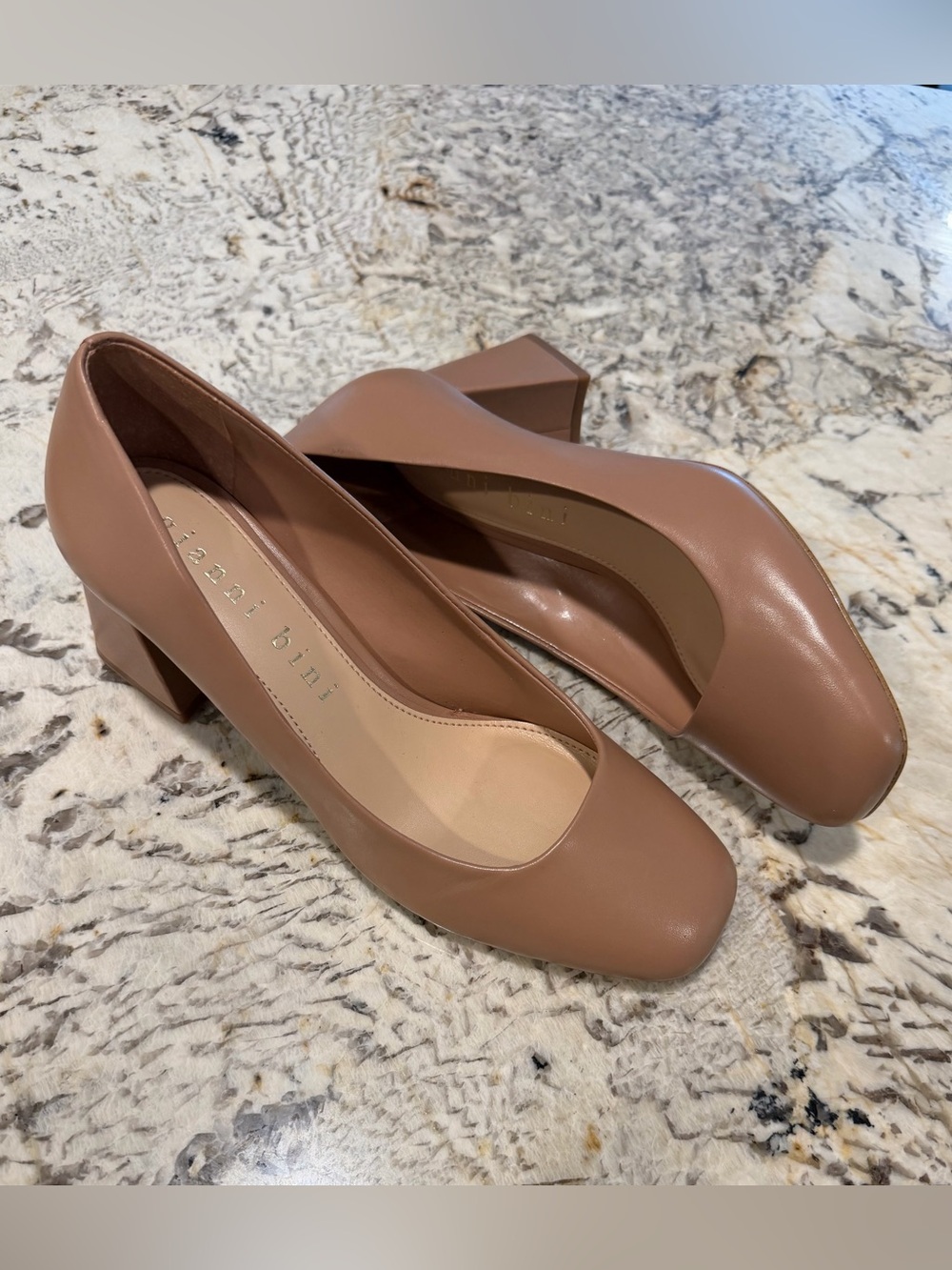 Gianni Bini Nude-Taupe Leather Block Heel Pumps Classy Professional Preppy